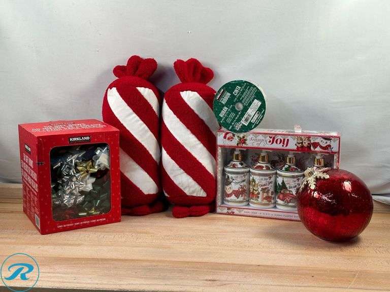 Glass Ornaments Decor- Like New; (2) Holiday Decor, Peppermint- New; Seasons of Joy: Holiday Handsoap- Like New; Kirkland Signature: Assorted Deluxe Holiday Gift Bows 50-Piece- New; Kirkland Signature: Wire Edged Ribbon- New