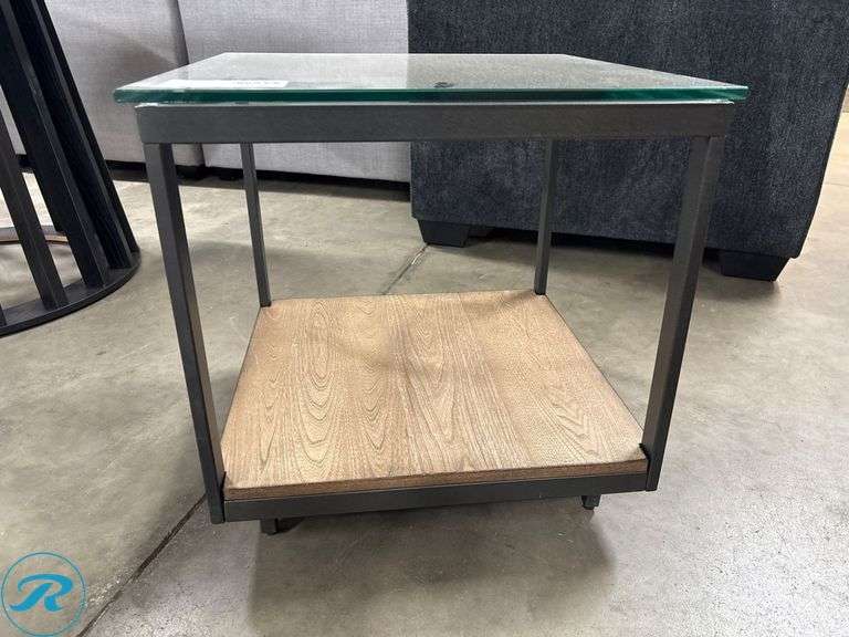 Glass-Top Metal Frame Side Table with Wood Shelf, 21″ x 21″ x 21″ - Roller Auctions
