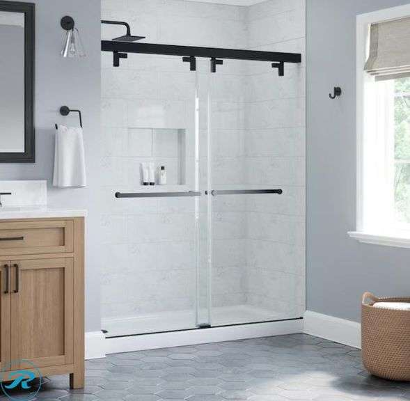 (1) New Delta Kesara Matte Black 53-in to 60-in W x 72.99-in H Frameless Clear Glass Sliding Soft Close Shower door