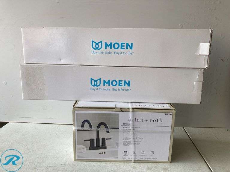 (3)(1) New allen + roth Harlow Matte Black 4-in centerset 2-handle WaterSense High-arc Residential Handle Bathroom Sink Faucet with Drain with Deck Plate (2) New Moen Dartmoor 24-in Oil Rubbed Bronze Wall mount Single Towel Bar - Roller Auctions