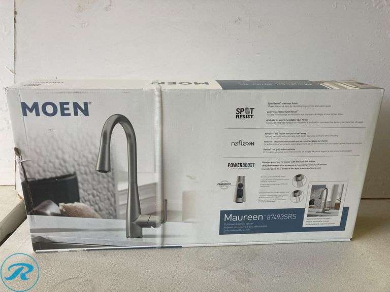 New Moen Maureen spot resist stainless single handle deck mount pull-down kitchen faucet with sprayer (includes deck plate) - Roller Auctions