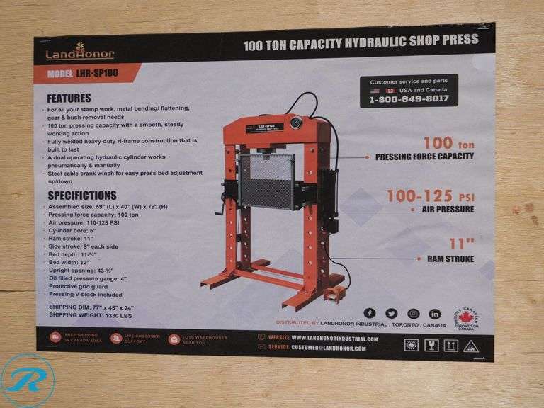 New Land Honor LHR-SP100 100-Ton Hydraulic Shop Press - Roller Auctions