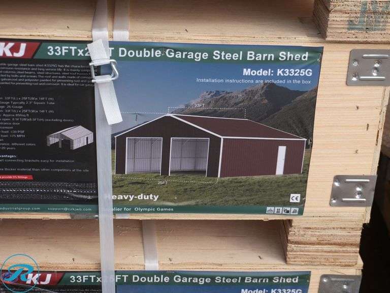 New KJ K3325G Double Garage Metal Shed, 33' x 25' x 14' - Roller Auctions