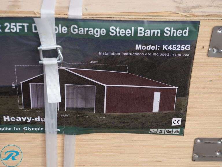 New KJ K4525G Double Garage Steel Barn Shed, 45' x 25' x 14' - Roller Auctions