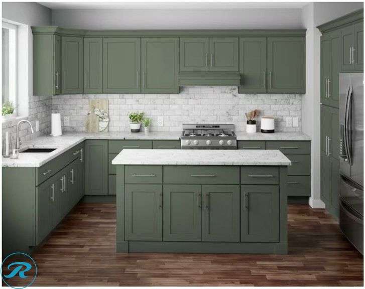 (17-Items Total) New Basil Green Kitchen Cabinet Bundle (RTA) Includes (7) Base Cabinets ,(7) Wall Cabinets ,(1) Wall Corner and (2) Cabinet Toe Kick Trim. Ready To Assembled (NOT ASSEMBLED) Please see all pictures for cabinet models and dimensions "MSRP. $3850 - Roller Auctions