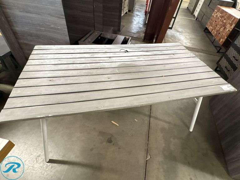 Outdoor Table with Slatted Top and White Metal Legs, 63″ x 33″ x 36″ - Roller Auctions
