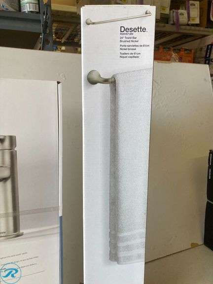 [3 Items Total] New (1) Moen Rinza Spot Resist Brushed Nickel Single Hole 1-handle water sense high-arc residential handle bath sink faucet with drain (1) Kohler Desette 24" vibrant brushed nickel wall mount single towel bar (1) Kohler Desette vibrant brushed nickel wall mount single post toilet paper holder 1 rolls - Roller Auctions