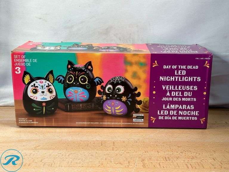 Wealth And Fortune Water Globe- Like New; Kirkland Signature: Double Sided Holiday Gift Wrap- New; Day of the Dead LED Nightlights, Set of 3- New - Roller Auctions