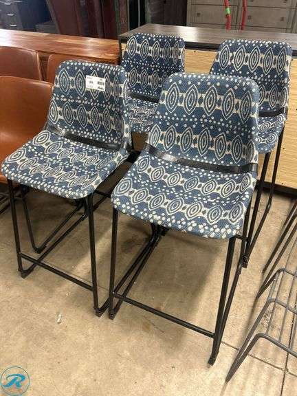 (4) Upholstered Chairs with Blue Patterned Fabric and Black Metal Frames