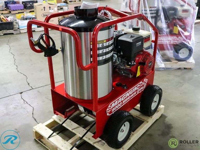 New Magnum 4000 Gold Hot Water Pressure Washer, Gas Engine, Diesel Burner with Hose and Wand, S/N: 254302 - Roller Auctions