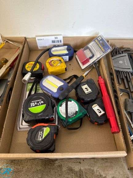 Tray of Measuring Tapes, LED Worklights, and Electrical Tester