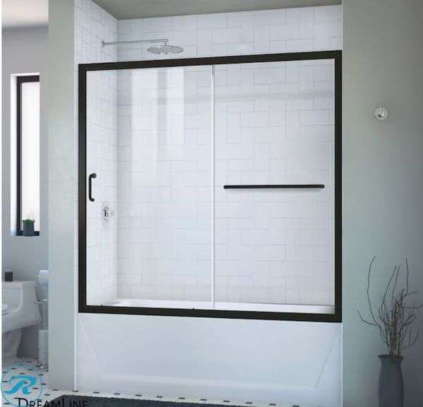 (1) DreamLine Infinity-Z Matte Black 56-in to 60-in W x 58-in H Semi-Frameless Sliding Bathtub Door (Box has damage, PRODUCT NOT DAMAGED)