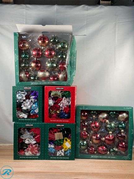 (4) Kirkland Signature Holiday Bows, 50-count, Assorted Colors- New; (2) Hand Decorated Glass Ornaments, 18pc- New/ Missing Unit