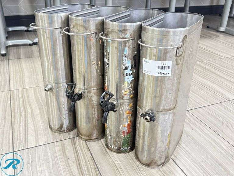 (4) Stainless Steel Beverage Containers with Spouts and Handles