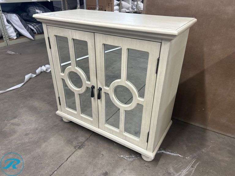 Two-Door Beige Cabinet with Mirrored Panels, 28″ x 14″ x 28″