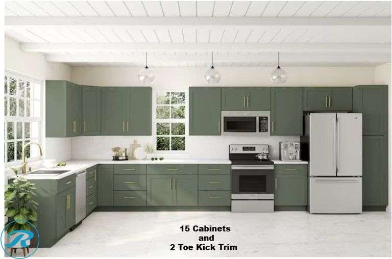 (17-Items Total) New Basil Green Kitchen Cabinet Bundle (RTA) Includes (7) Base Cabinets ,(7) Wall Cabinets ,(1) Wall Corner and (2) Cabinet Toe Kick Trim. Ready To Assembled (NOT ASSEMBLED) Please see all pictures for cabinet models and dimensions "MSRP. $3850