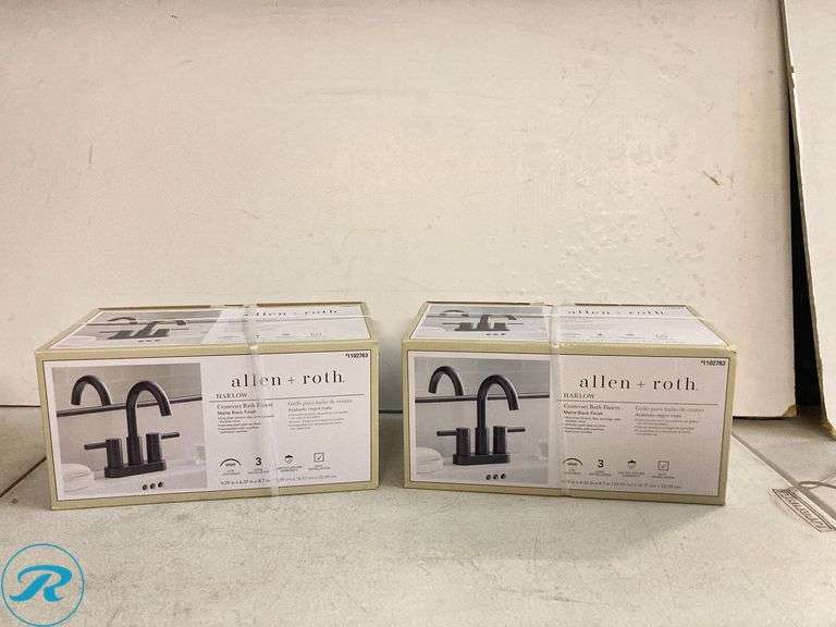 (2) allen + roth Harlow Matte Black 4-in centerset 2-handle WaterSense High-arc Residential Handle Bathroom Sink Faucet with Drain with Deck Plate