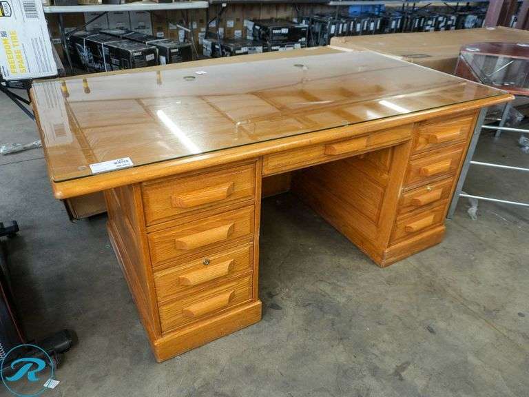 Double Pedestal Desk With Glass Top - Roller Auctions