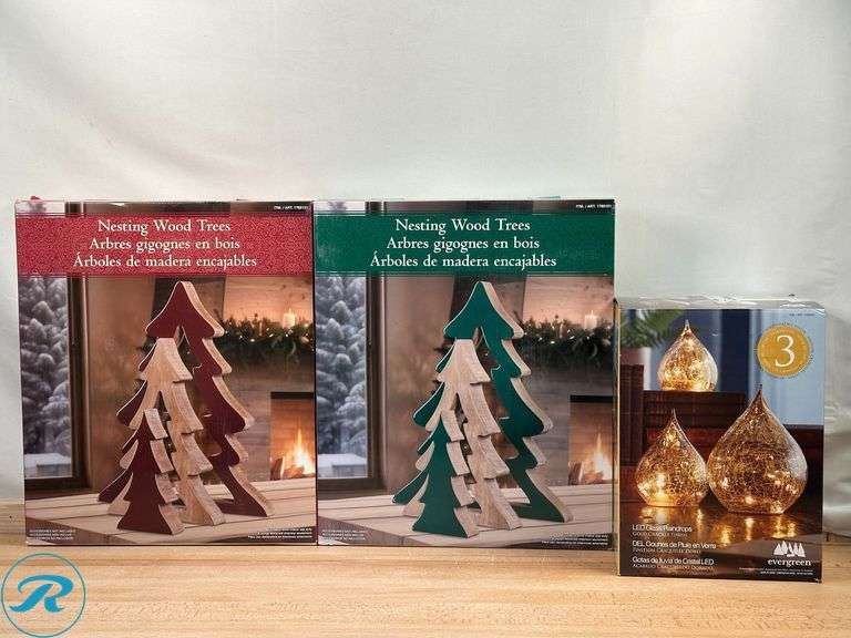 (2) Nesting Wood Trees 45cm- (1) New, Red & (1) New, Green; Evergreen: LED Glass Raindrops- New - Roller Auctions