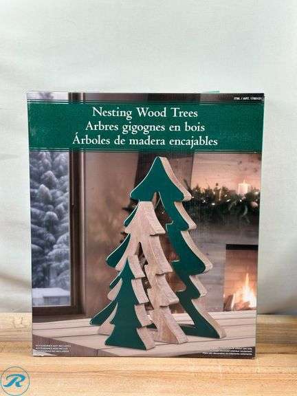 (2) Nesting Wood Trees 45cm- (1) New, Red & (1) New, Green; Evergreen: LED Glass Raindrops- New - Roller Auctions