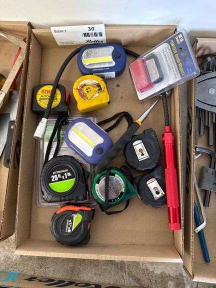 Tray of Measuring Tapes, LED Worklights, and Electrical Tester - Roller Auctions