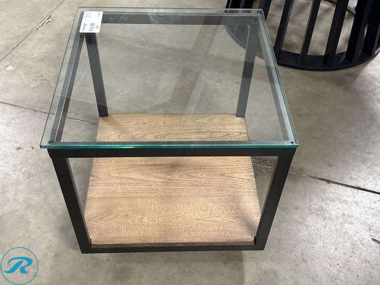 Glass-Top Metal Frame Side Table with Wood Shelf, 21″ x 21″ x 21″ - Roller Auctions