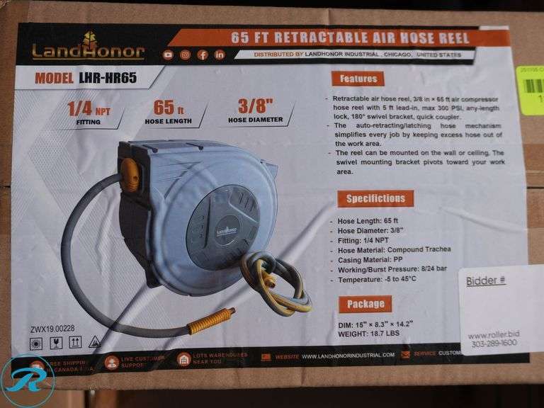 New Land Honor LHR-HR65 65' Retractable Air Hose Reel - Roller Auctions