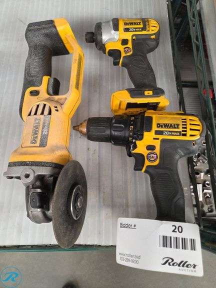 DeWalt 20V Tools Including DCG412 Grinder, DCD780 Drill, and Impact Driver - Roller Auctions