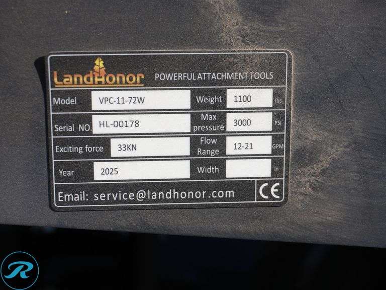 New Land Honor VPC-11-72W Hydraulic Vibratory Plate Compactor To Fit Skid Steer Loader, 72" - Roller Auctions