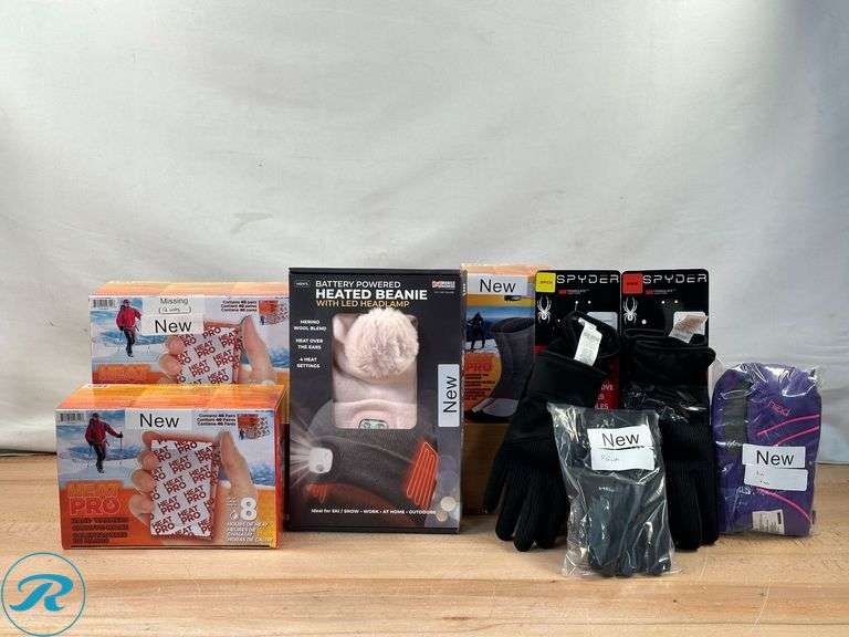 (4) Assorted Winter Gloves- New; (2)Heat Pro: Handwarmers, 40 pairs- New/ Missing 12 Units; Heat Pro: Adhesive Toe Warmers, 30 pairs- New; Mobile Warming: Battery Powered Heated Beanie with LED Headlamp- New