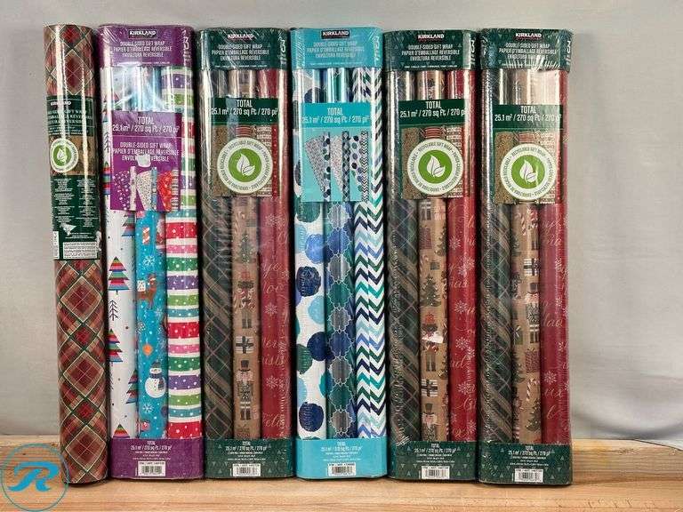 (4) Kirkland Signature: Double Sided Gift Wrap, 3-rolls, 270 sq. ft. Total- New; Kirkland Signature: Double- Sided Gift wrap, 270sq ft- New