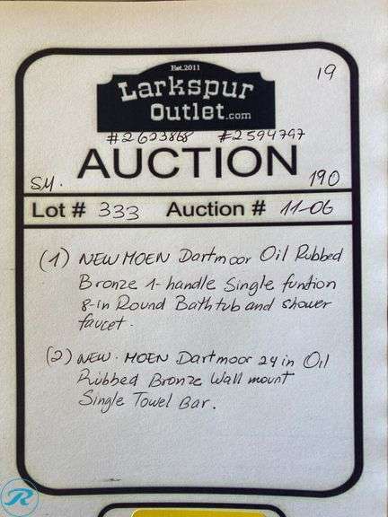 (3) (1) New Moen Dartmoor Oil-rubbed bronze 1-handle Single function 8.0-in Round Bathtub and shower Faucet (2) New Moen Dartmoor 24-in Oil Rubbed Bronze Wall mount Single Towel Bar - Roller Auctions