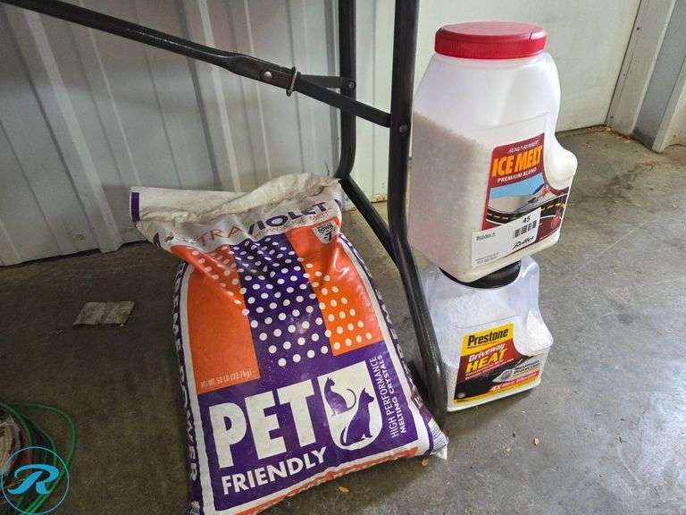 Ice Melt Products Including Extra Violet Pet Friendly, Roadrunner Ice Melt, and Prestone Driveway Heat