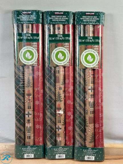(4) Kirkland Signature: Double Sided Gift Wrap, 3-rolls, 270 sq. ft. Total- New; Kirkland Signature: Double- Sided Gift wrap, 270sq ft- New - Roller Auctions