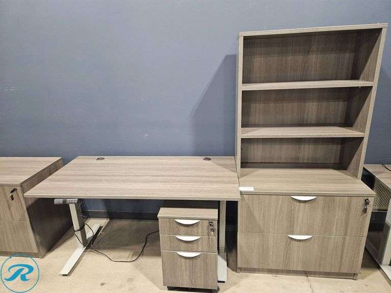 Uline Adjustable Height Desk with Filing Cabinet and Bookshelf, 59" x  29-1/2"