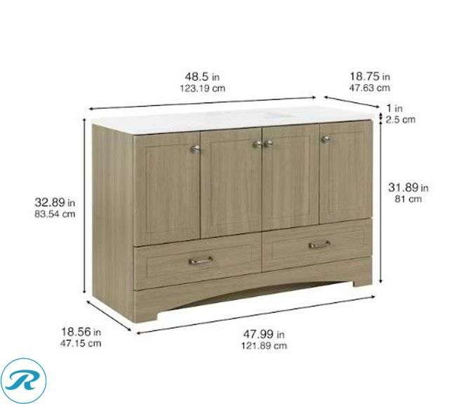 (2-Items Total) (1) New Diamond NOW Cassidy 48-in Light Oak Brown Single Sink Bathroom Vanity with White Cultured Marble Top, (1) New waterpar 24-in x 36-in Framed Rectangle Bathroom Vanity Mirror ( Silver ). - Roller Auctions