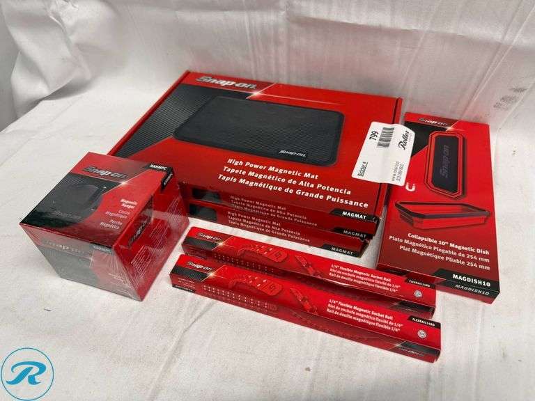 Snap-on Magnetic Tools Set: (2) MAGMAT High Power Mats, MAGDISH Collapsible 10″ Dish, (2) FLEXRAIL14RD Socket Rails, and KAHMPC Hanger - Roller Auctions