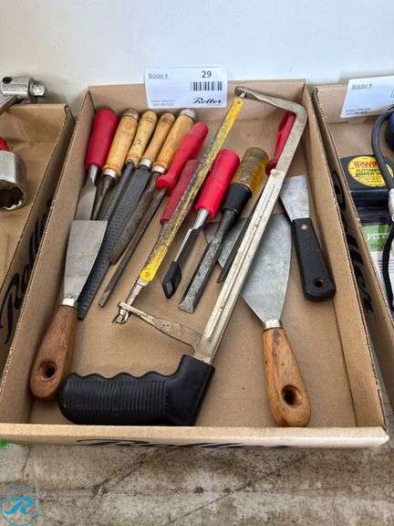 Tray of Hand Tools Including Files, Chisels, and Saws