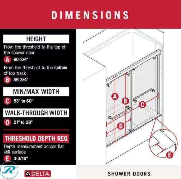 (1) Delta Kesara Matte Black 53-in to 60-in W x 60.75-in H Frameless Clear Glass Sliding Soft Close Bathtub door - Roller Auctions