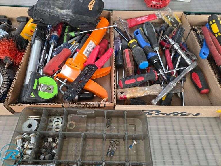 Shelf of Hand Tools and Power Tool Accessories Including Screwdrivers, Pliers, and Batteries - Roller Auctions