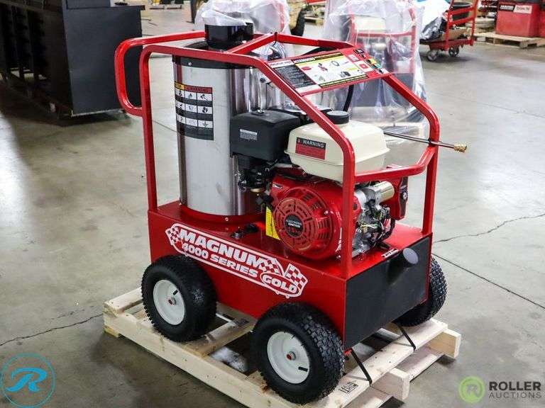 New Magnum 4000 Gold Hot Water Pressure Washer, Gas Engine, Diesel Burner with Hose and Wand, S/N: 254357 - Roller Auctions