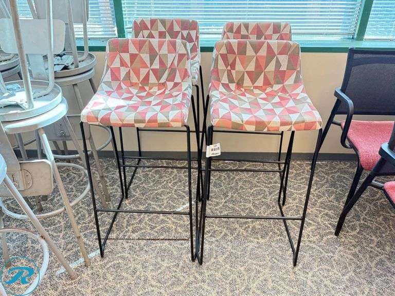 (4) Upholstered Bar Stools with Geometric Pattern and Metal Frames ...