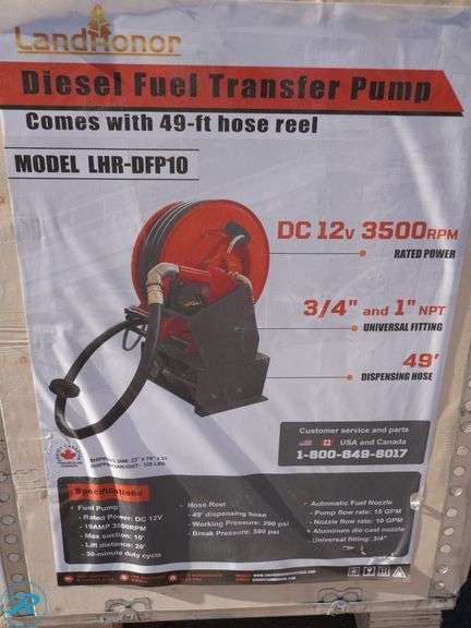 New Land Honor LHR-DFP10 Diesel Fuel Transfer Pump With 49' Hose Reel, DC 12V, 3500 RPM - Roller Auctions