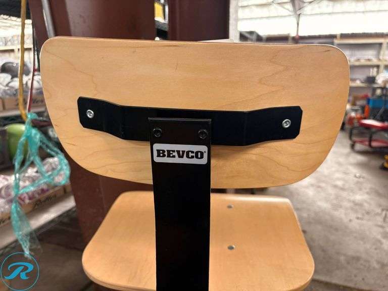 Bevco Adjustable-Height Industrial Stool with Wood Seat and Backrest - Roller Auctions