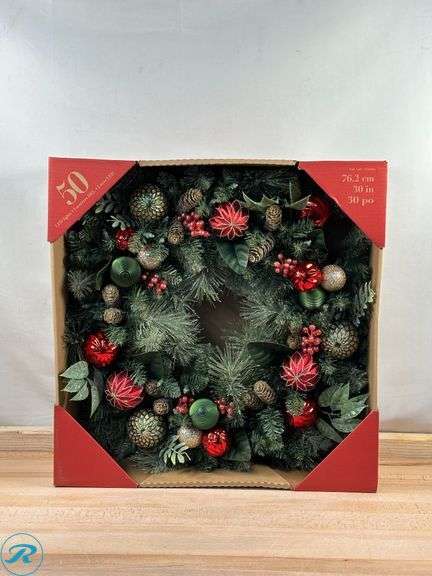 32" Flocked Pre-Lit LED Decorated Artificial Wreath- New