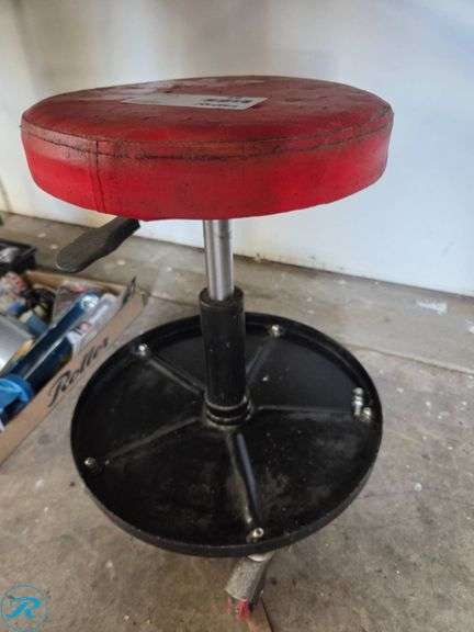 Adjustable Rolling Shop Stool with Red Cushion and Black Base - Roller Auctions