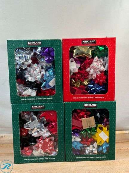 (4) Kirkland Signature Holiday Bows, 50-count, Assorted Colors- New; (2) Hand Decorated Glass Ornaments, 18pc- New/ Missing Unit - Roller Auctions