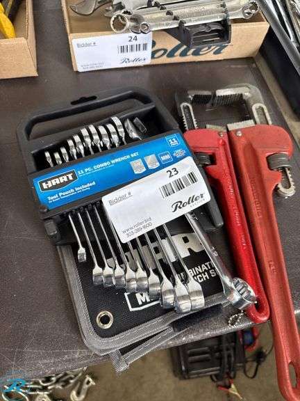 Hart 11-Piece Combination Wrench Set with Two Red Ridgid Pipe Wrenches - Roller Auctions