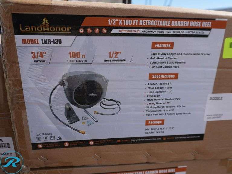 New Land Honor LHR-130 1/2" x 100' Retractable Garden Hose Reel - Roller Auctions
