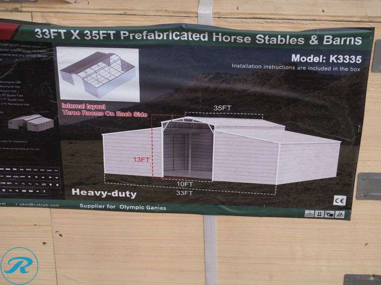 New KJ K3335 Prefabricated Metal Horse Stable and Barn, 33' x 35' x 13' (Box Damaged in Shipping) - Roller Auctions